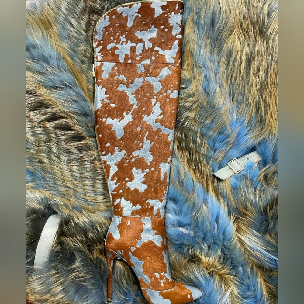 Gorgeous Iamjenniferle Hand Dyed Blue and Brown Calf Hair Thigh High Boo…